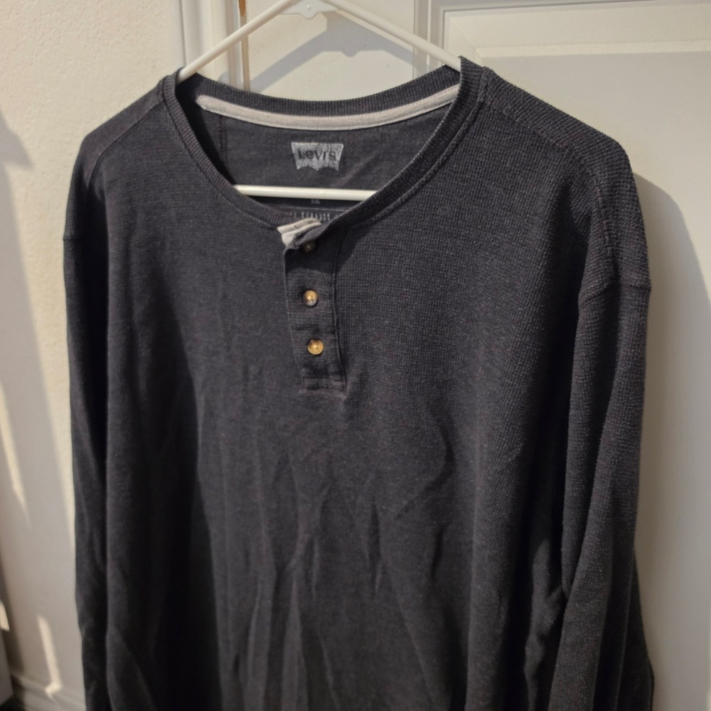 Levis Mens XXL Charcoal Grey Waffle Knit Long Sleeve Henley Shirt Thermal Top